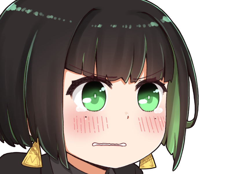 1girl allmind_(armored_core_6) armored_core armored_core_6 black_hair black_jacket blush chibi earrings green_eyes green_hair grey_shirt highres i.u.y jacket jewelry multicolored_hair parted_lips personification portrait shirt simple_background solo two-tone_hair white_background