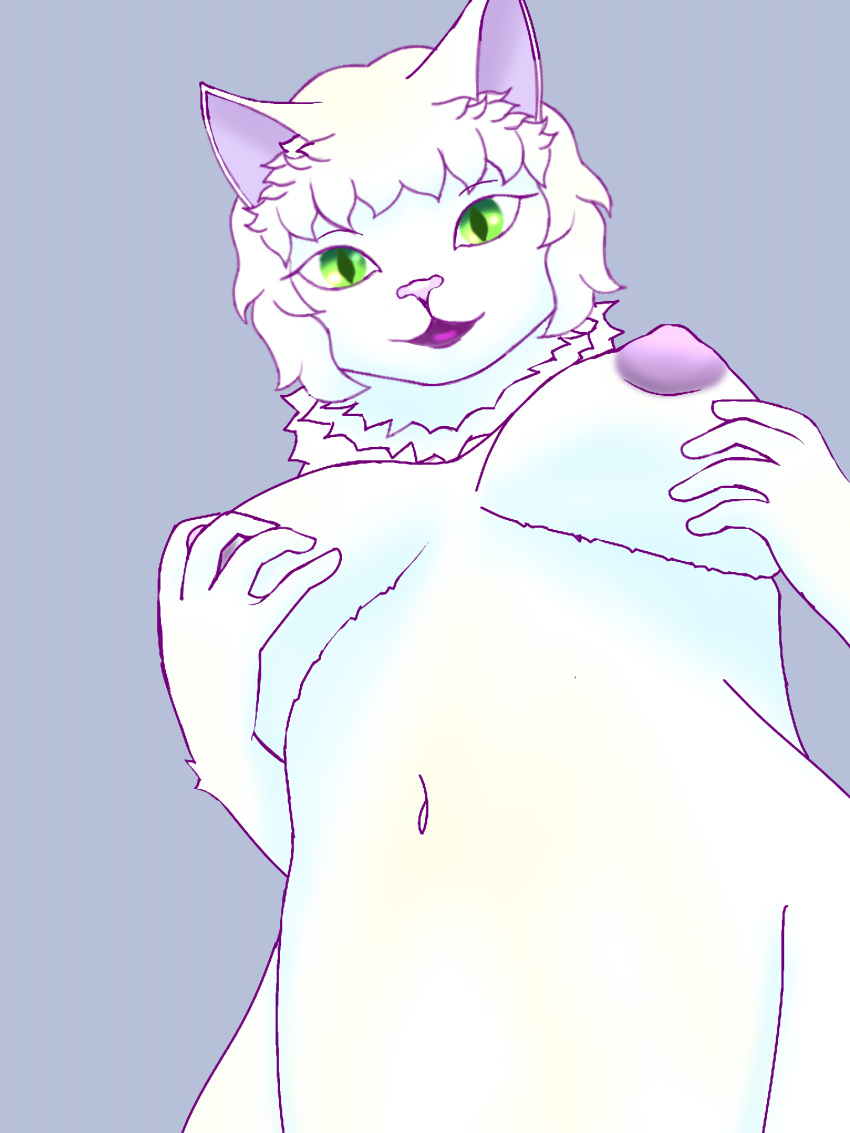 aclauir_blovelt anthro areola awarz big_breasts breasts erect_nipples felid feline female green_eyes hand_on_breast hi_res lilac_nose lips looking_at_viewer mammal nipples nude purple_lips purple_nipples simple_background small_hips solo