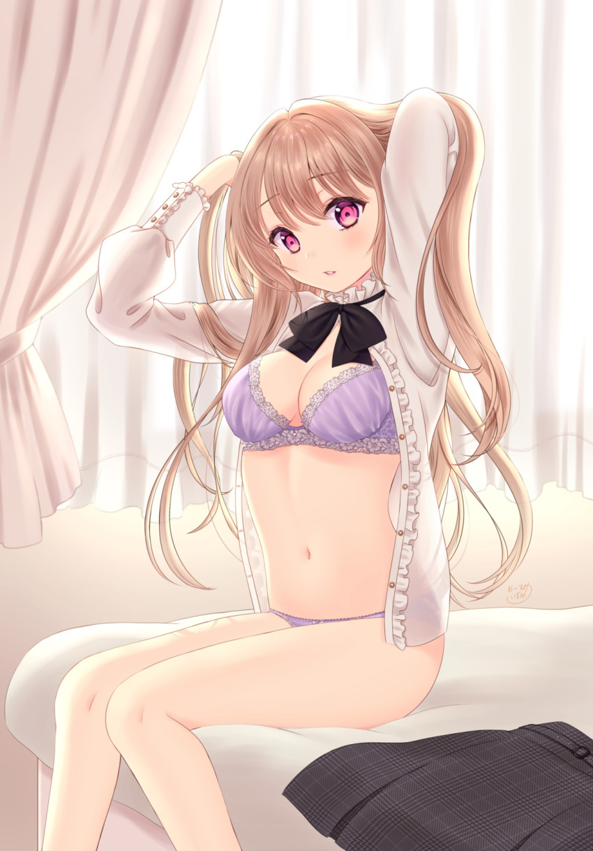 1girl arms_up backlighting bed bedroom black_bow black_bowtie blue_bra blue_panties bow bowtie bra breasts cleavage collar commentary curtains dress_shirt frilled_collar frills hands_in_hair highres indoors light_brown_hair long_hair long_sleeves looking_at_viewer medium_breasts navel no_pants on_bed open_clothes open_shirt original osumi_izumi panties parted_lips pink_eyes shirt sitting skirt skirt_removed solo underwear white_shirt