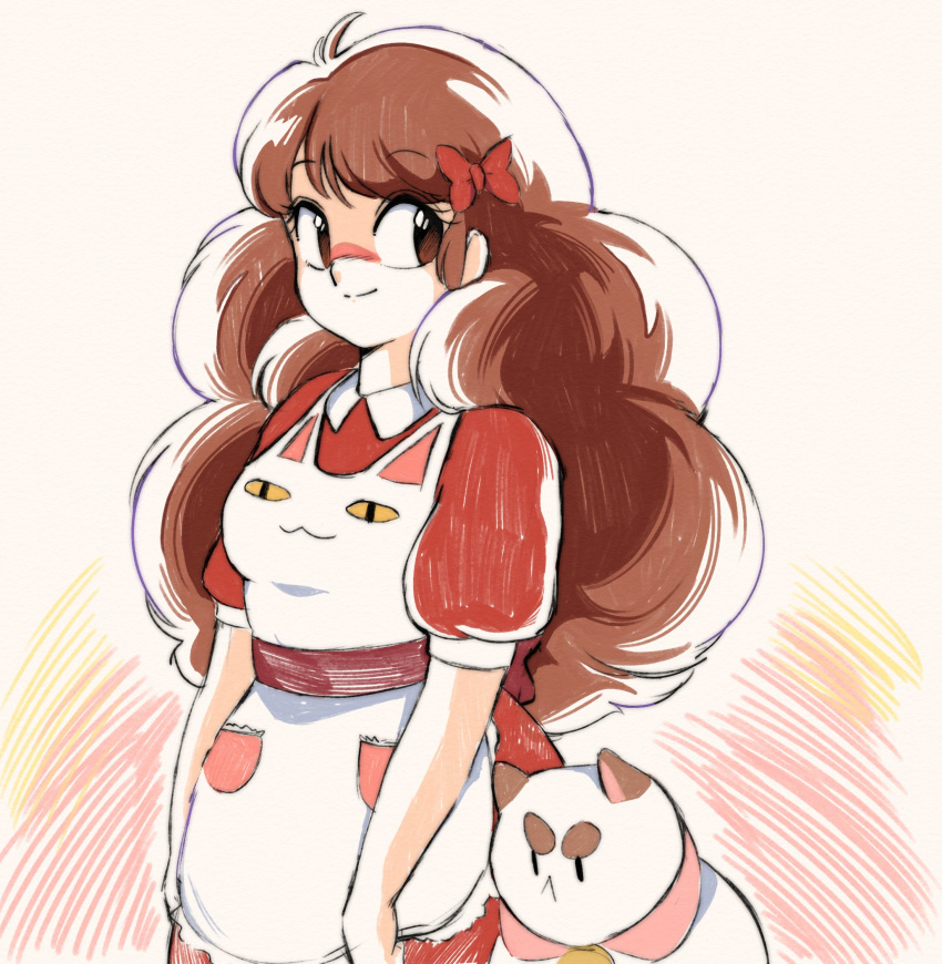1girl animal animal_print apron bee_(bee_and_puppycat) bee_and_puppycat bell bow brown_eyes brown_hair cat cat_print commentary dress english_commentary hair_bow highres jenna_(rainynebula) jingle_bell long_hair looking_at_viewer puffy_short_sleeves puffy_sleeves puppycat red_bow red_dress retro_artstyle short_sleeves smile standing