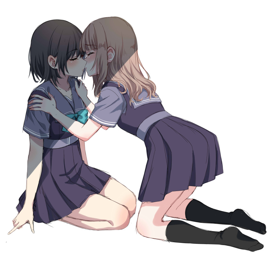 2girls absurdres black_socks blonde_hair bow bowtie brown_hair closed_eyes commentary_request dress green_bow green_bowtie grey_sailor_collar hands_on_another's_shoulders highres imminent_kiss kneehighs long_hair multiple_girls original purple_dress purple_serafuku sailor_collar school_uniform serafuku short_hair socks thighs tottoto_tomekichi white_background yuri