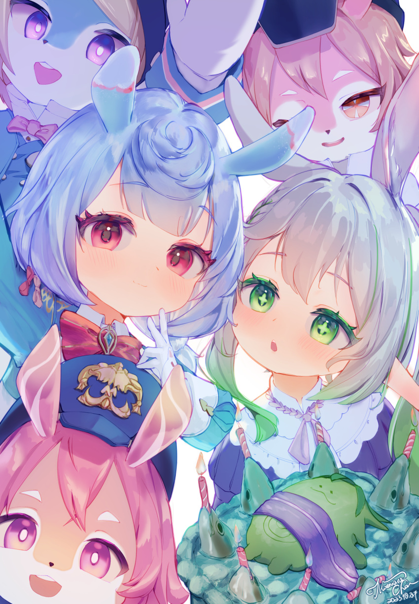 5girls animal_ears blue_fur blue_hair blush character_request closed_mouth commentary cross-shaped_pupils crossed_bangs dated dress furry furry_female genshin_impact gloves green_eyes green_hair grey_hair highres long_sleeves looking_at_viewer melusine_(genshin_impact) moemaru multicolored_hair multiple_girls nahida_(genshin_impact) open_mouth parted_lips pink_fur pointy_ears purple_eyes red_eyes sigewinne_(genshin_impact) signature streaked_hair symbol-shaped_pupils teeth two-tone_fur upper_teeth_only white_fur white_gloves