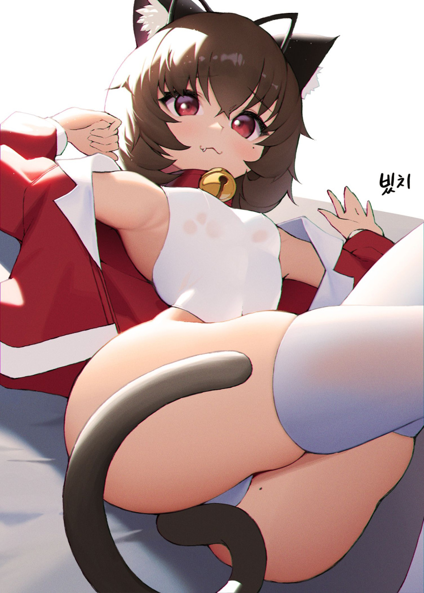 1girl :3 animal_ear_fluff animal_ears arm_up armpits ass bare_shoulders bell breasts brown_hair cat_ears cat_girl cat_tail closed_mouth collar commission covered_navel fang highleg highleg_swimsuit highres jacket jingle_bell legs_up long_sleeves looking_at_viewer lying mole mole_on_ass mole_under_eye off_shoulder on_back one-piece_swimsuit open_clothes open_jacket original prunechi reclining red_collar red_eyes red_jacket sbgu second-party_source see-through short_hair simple_background skindentation small_breasts smile solo swimsuit tail thighhighs thighs wet wet_clothes wet_swimsuit white_background white_one-piece_swimsuit white_thighhighs