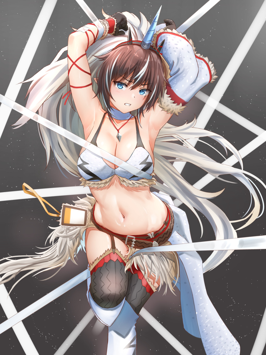 1girl absurdres arknights armpits arms_up bare_shoulders belt black_gloves black_thighhighs blue_eyes breasts brown_hair choker cleavage commentary_request detached_sleeves foot_out_of_frame fur_trim gloves grey_background highres horns jewelry kirin_r_yato_(arknights) large_breasts looking_at_viewer monster_hunter_(series) navel pendant pointy_ears solo stomach thighhighs thighs white_choker yato_(arknights) yukinoshiro