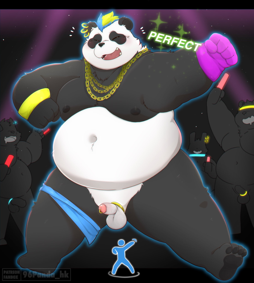 2022 96panda anthro balls bear belly big_belly black_body black_nose dancing erection eyes_closed genitals giant_panda group hi_res humanoid_hands just_dance kemono male mammal moobs navel nipples overweight overweight_male panda_(just_dance) penis small_penis solo_focus ubisoft white_body