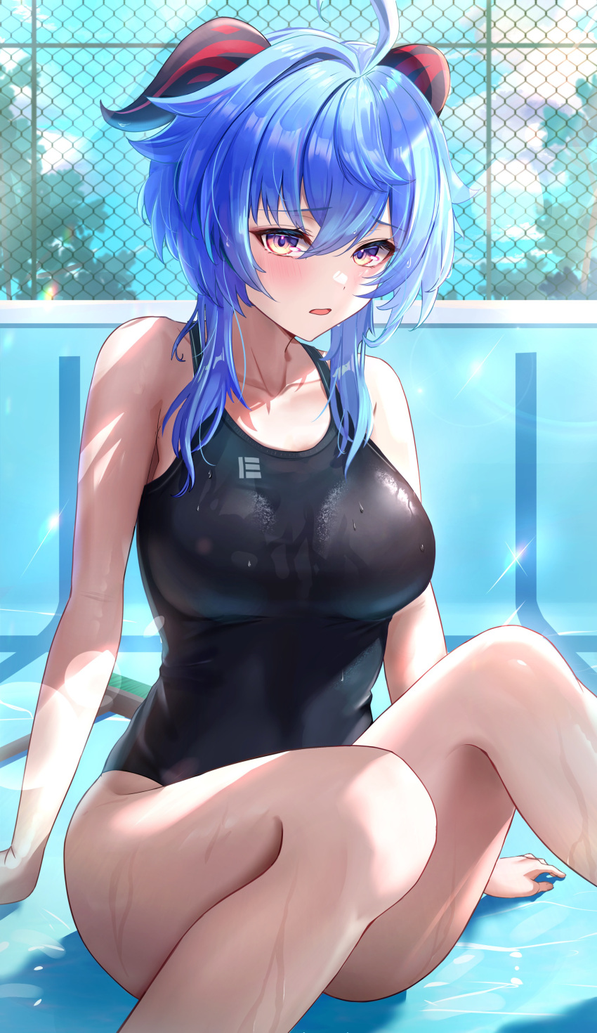 1girl absurdres alternate_costume alternate_hairstyle arm_support bare_shoulders black_one-piece_swimsuit blue_hair blue_sky blush breasts chain-link_fence cloud collarbone day empty_pool fence ganyu_(genshin_impact) genshin_impact goat_horns hair_between_eyes highres horns knees_up large_breasts looking_at_viewer mop one-piece_swimsuit open_mouth otabaaa outdoors pool purple_eyes short_hair_with_long_locks sidelocks sky solo sparkle swimsuit tree water wet yellow_eyes