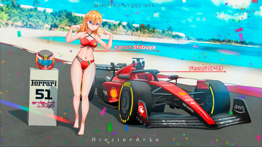 1girl artist_name beach bikini car character_name confetti crunchyroll ferrari ferrari_sf-23 formula_one highres imrinzlergtz_art love_live! love_live!_superstar!! motor_vehicle orange_hair pirelli podium pointing pointing_at_self purple_eyes race_queen racetrack scuderia_ferrari shell_(company) shibuya_kanon spoiler_(automobile) swimsuit tire trophy vehicle_name