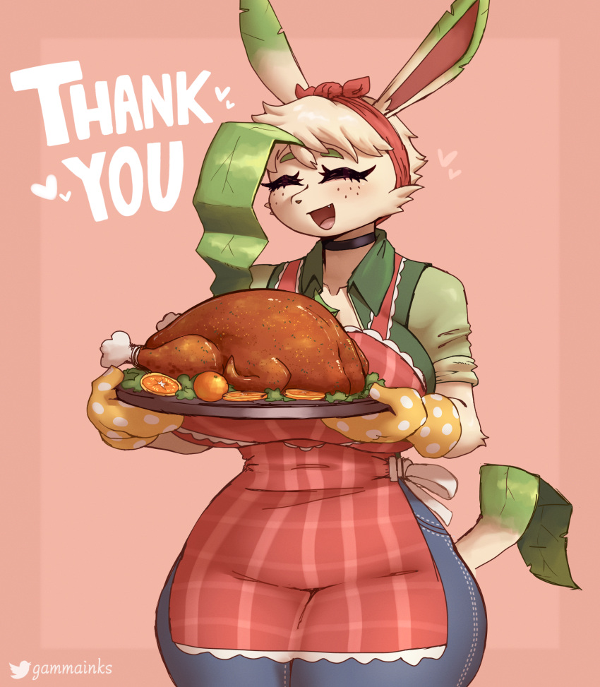 2023 anthro apron artist_name avian bird blush clothed clothing digital_media_(artwork) eeveelution english_text eyebrows eyelashes female freckles galliform gammainks generation_4_pokemon handwear hi_res holidays leafeon malon_(gammainks) nintendo open_mouth oven_mitts phasianid pokemon pokemon_(species) simple_background solo text thanksgiving turkey