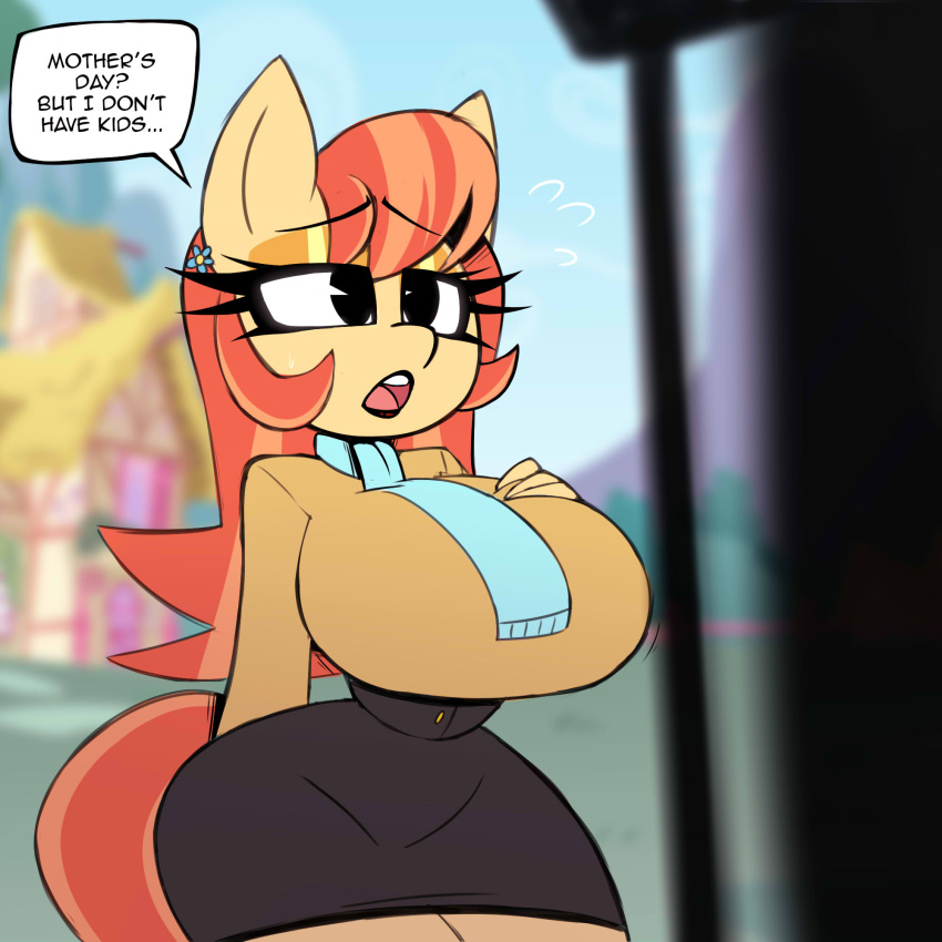 2023 anthro aunt_holiday_(mlp) big_breasts bottomwear breasts clothed clothing equid equine eyelashes female friendship_is_magic fur hair hand_on_breast hasbro hi_res holidays horse huge_breasts long_eyelashes mammal mother's_day my_little_pony nelljoestar orange_hair pony skirt small_waist solo speech_bubble talking_to_another tan_body tan_fur text wide_hips
