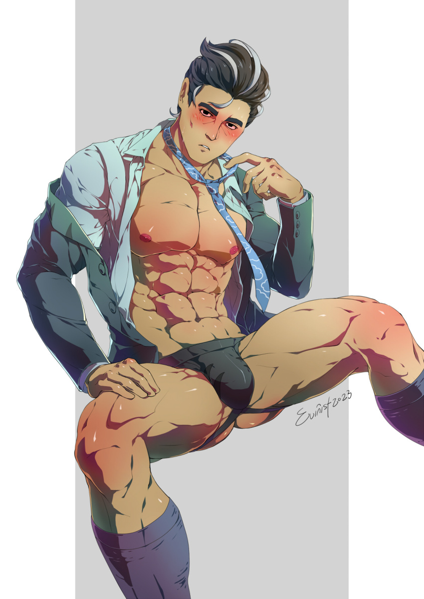 1boy abs artist_name ass_visible_through_thighs bara black_hair blush bulge collared_shirt evinist formal grey_hair highres jacket jockstrap larry_(pokemon) looking_at_viewer male_focus male_underwear manly mature_male multicolored_hair muscular muscular_male necktie nipples pectorals pokemon pokemon_(game) pokemon_sv shirt signature simple_background socks solo spread_legs suit thick_eyebrows thick_thighs thighs tight_clothes underwear