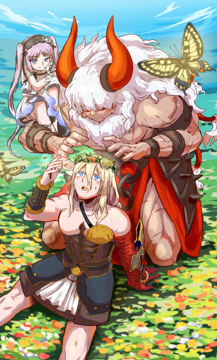 1girl 2boys absurdres ancient_greek_clothes asterios_(fate) bare_pectorals between_pectorals blonde_hair blush bug butterfly dress euryale_(fate) fate/grand_order fate_(series) feet_out_of_frame field flower flower_field greco-roman_clothes hairband head_wreath highres hikagami_(june_lotus) large_horns long_hair multiple_boys muscular muscular_male pectorals purple_eyes size_difference smile tareme theseus_(fate) toned toned_male twintails very_long_hair white_hair