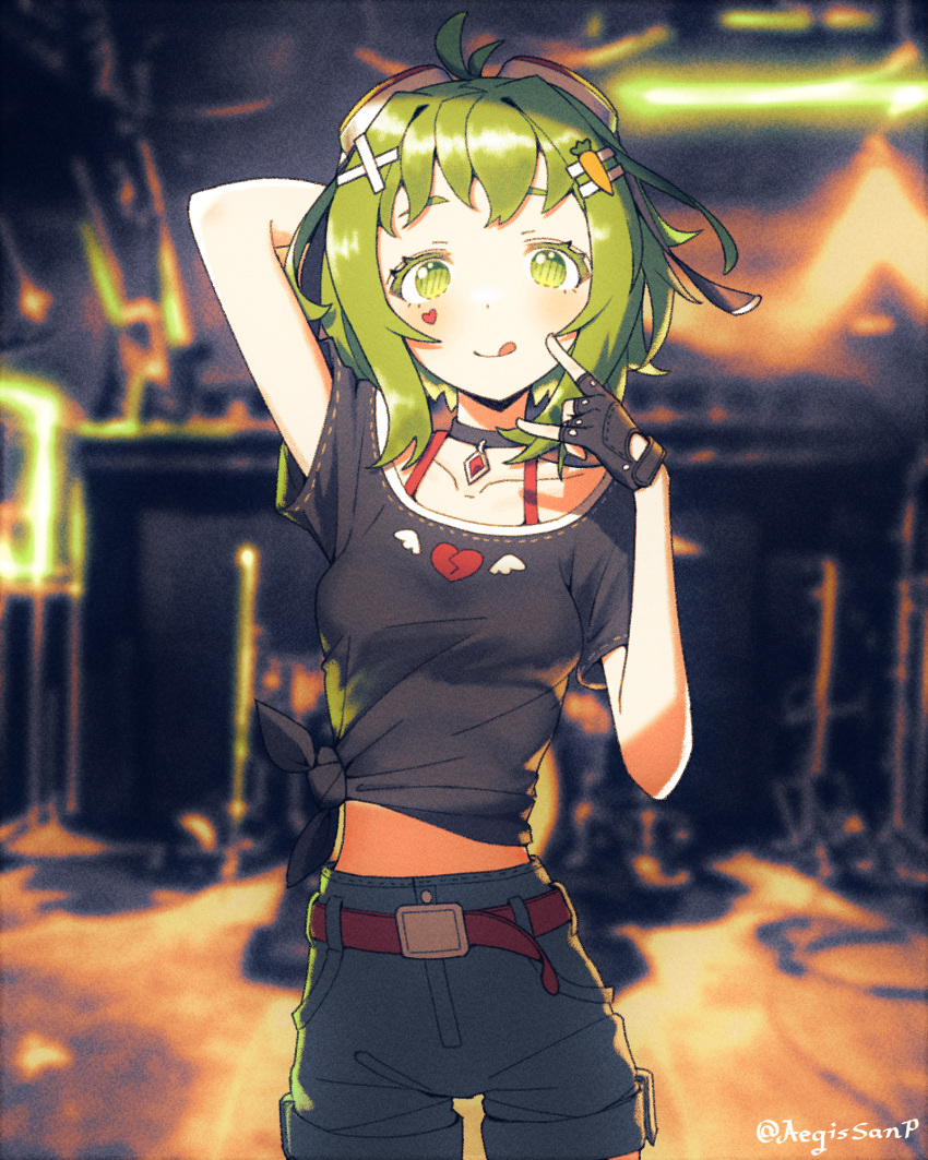 1girl \m/ aegissanp arm_behind_head belt blurry blurry_background broken_heart carrot_hair_ornament choker commentary cowboy_shot denim denim_shorts facial_mark fingerless_gloves food-themed_hair_ornament gloves goggles goggles_on_head green_eyes green_hair gumi hair_ornament hairclip heart heart_facial_mark highres looking_at_viewer midriff pendant_choker shirt short_hair shorts smile solo tied_shirt tongue tongue_out vocaloid x_hair_ornament