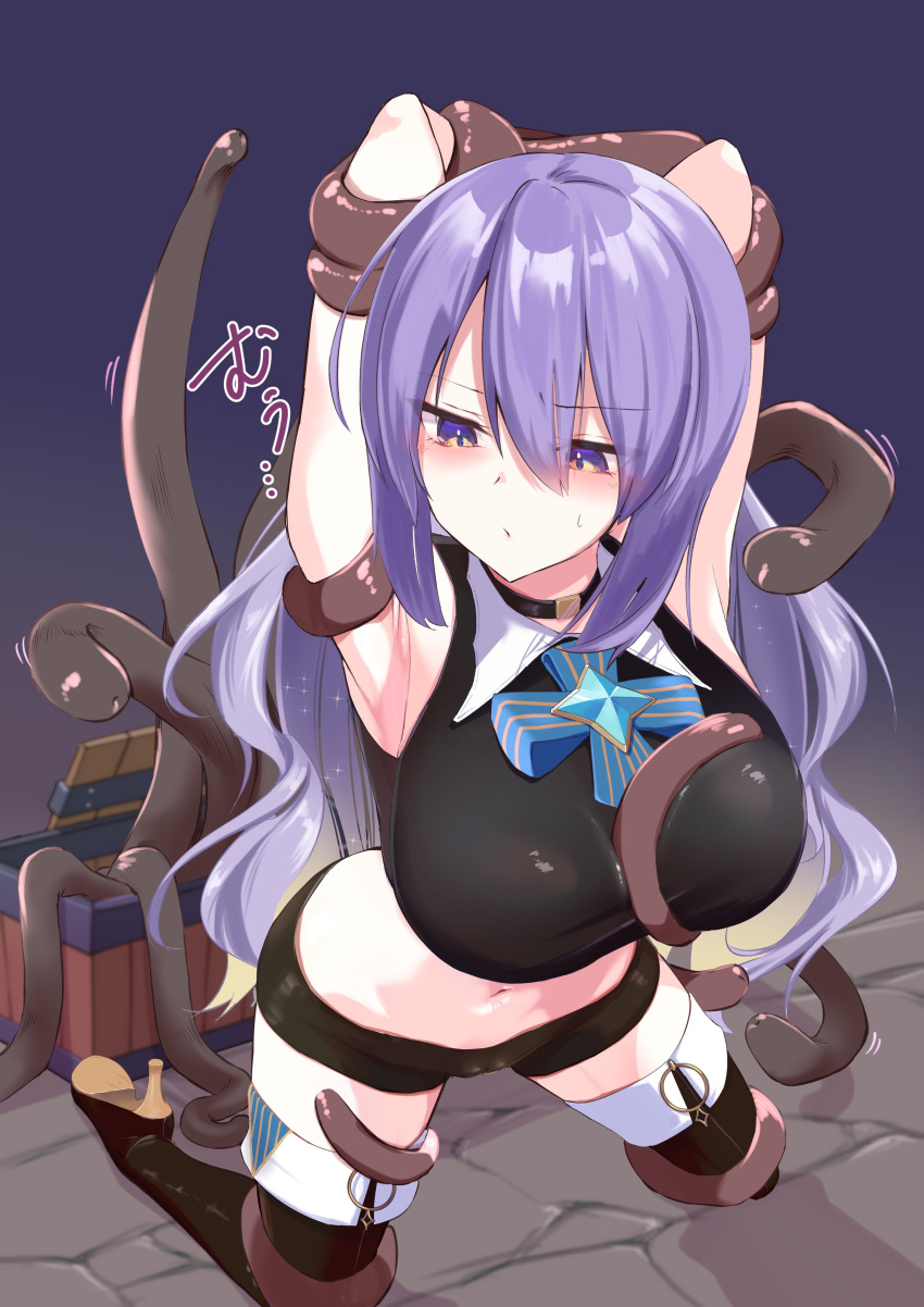 1girl :/ absurdres armpits arms_up black_choker boots bound bound_arms breasts choker e-wing_(ewingillustrate) full_body gradient_eyes gradient_hair high_heel_boots high_heels highres hololive hololive_indonesia kneeling large_breasts long_hair midriff moona_hoshinova multicolored_eyes multicolored_hair navel purple_eyes purple_hair solo stomach sweat tentacles thigh_boots thighs very_long_hair virtual_youtuber wavy_hair wooden_box yellow_eyes