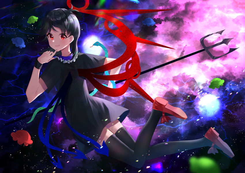 1girl absurdres asymmetrical_wings black_dress black_hair black_thighhighs blue_wings bow commentary dress finger_to_own_chin footwear_bow from_behind full_body highres holding holding_polearm holding_weapon houjuu_nue lightning looking_at_viewer looking_back mary_janes medium_bangs medium_hair nebula nettian51 open_mouth polearm red_bow red_eyes red_footwear red_wings shoes short_dress short_sleeves sky smile snake solo space star_(sky) starry_sky thighhighs touhou trident ufo weapon wings wristband zettai_ryouiki