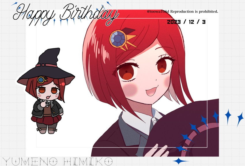 108_(toowa) 1girl :d black_headwear blush_stickers character_name chibi collared_shirt danganronpa_(series) danganronpa_v3:_killing_harmony dated gem_hair_ornament happy_birthday hat highres miniskirt multiple_views portrait red_hair red_skirt shirt short_hair skirt smile witch_hat yumeno_himiko