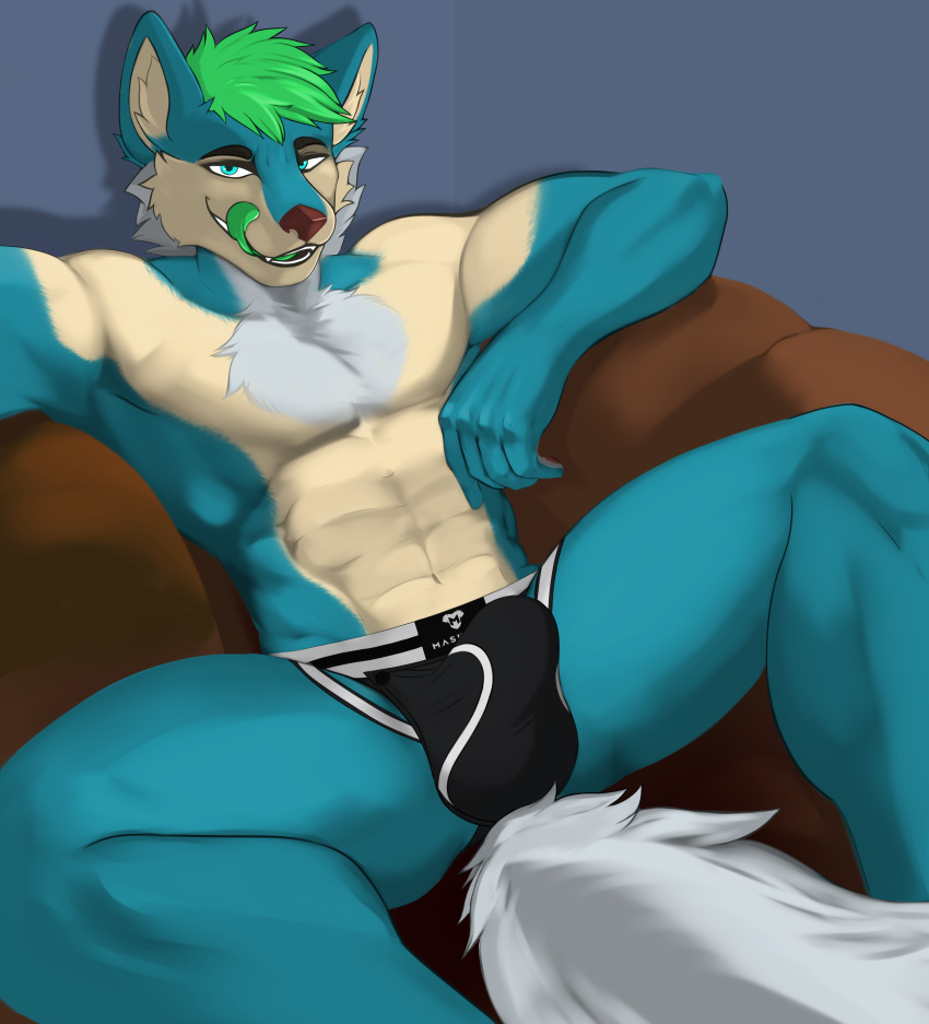 absurd_res anthro canid canine canis clothed clothing ebb foxzor hi_res hybrid jockstrap jockstrap_only licking licking_lips male mammal pose solo tongue tongue_out topless underwear underwear_only wolfdog