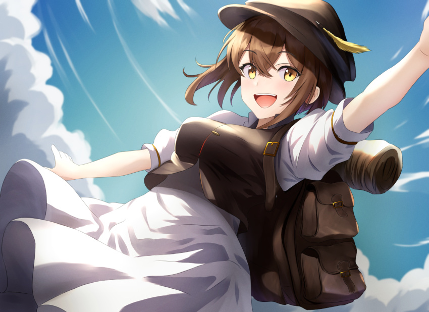 1girl asanagi_shion backpack bag bedroll black_headwear breasts brown_bag brown_hair cloud dress hat hat_feather octopath_traveler open_mouth short_hair short_sleeves sky solo tressa_colzione white_dress yellow_eyes