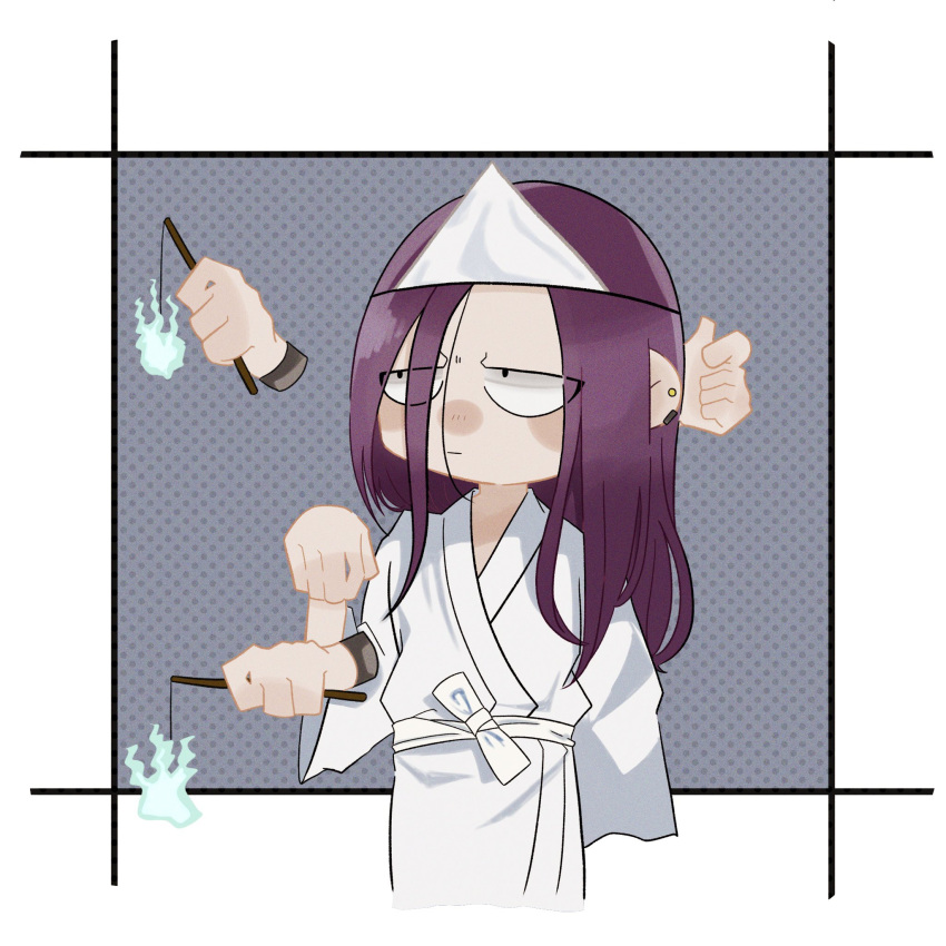 1boy alternate_costume alternate_hairstyle chibi cropped_legs disembodied_limb ghost_costume hair_down halloween_costume highres hunter_x_hunter japanese_clothes kimono long_hair looking_to_the_side male_focus ponytail pout purple_hair ry1ouzi_1saiban shoot_mcmahon solo spirit white_kimono