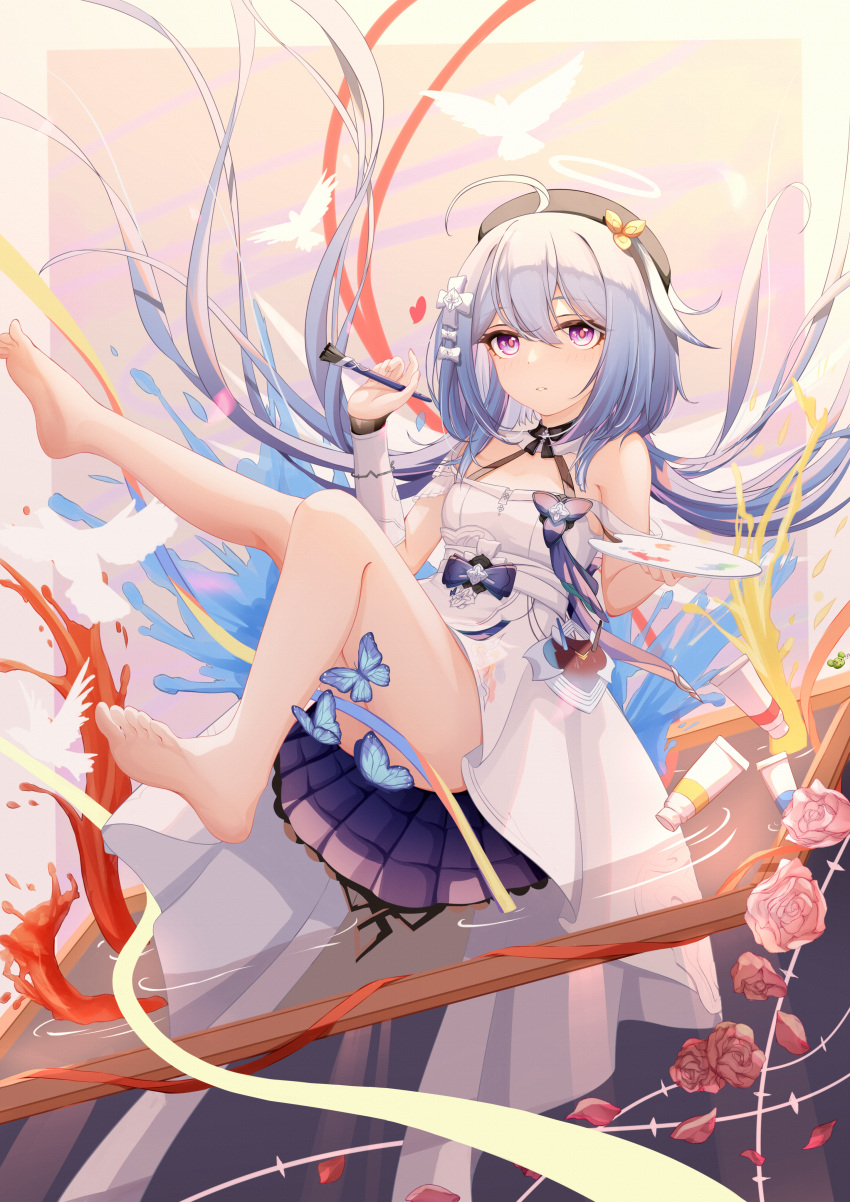 1girl absurdres ahoge bare_shoulders barefoot beret blackheart` blue_butterfly blue_hair bug butterfly chinese_commentary closed_mouth commentary commentary_request dress feet flower full_body griseo hair_between_eyes hair_ornament hat highres holding holding_brush holding_paintbrush honkai_(series) honkai_impact_3rd long_hair looking_at_viewer paintbrush palette_(object) purple_eyes rose soles solo toes twintails white_dress