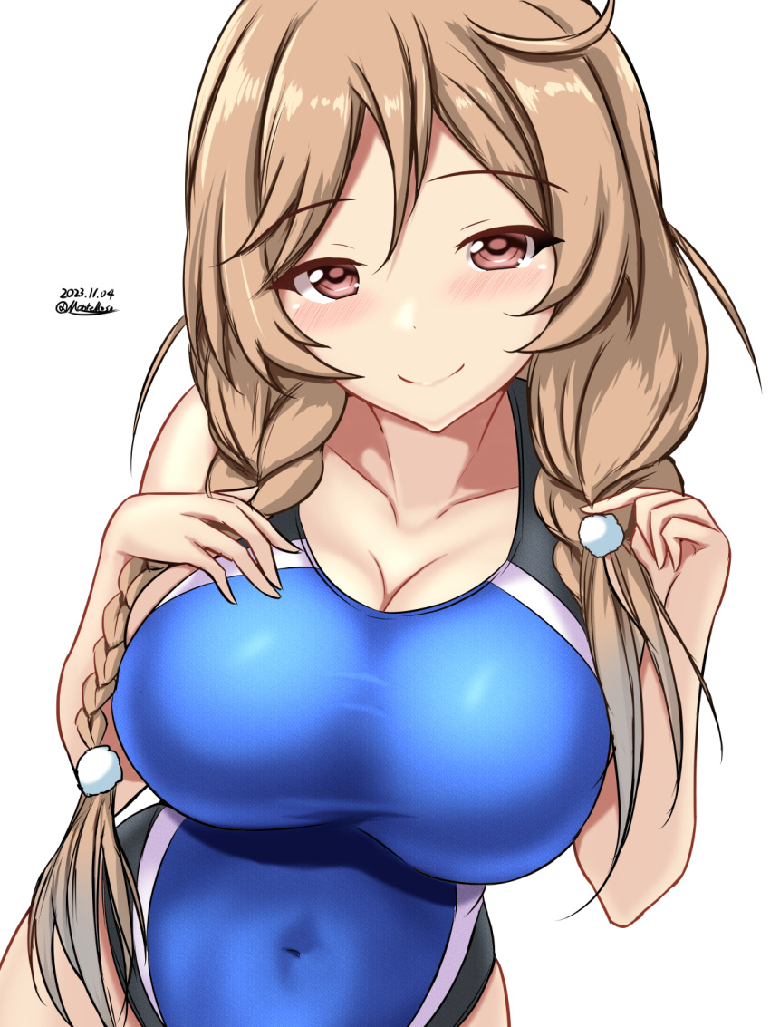 1girl blush braid breasts brown_eyes cleavage collarbone competition_swimsuit covered_navel dated highres kantai_collection large_breasts light_brown_hair long_hair looking_at_viewer minegumo_(kancolle) montemasa one-hour_drawing_challenge one-piece_swimsuit simple_background solo swimsuit twin_braids twitter_username white_background