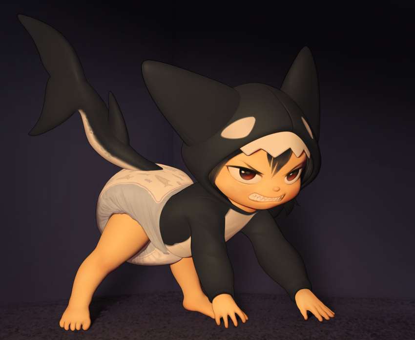 all_fours ambiguous_gender angry_expression animal_hood animal_humanoid baby cetacean cetacean_humanoid child clean_diaper clothed clothing creature_print diaper feet felyn furgonomic_bottomwear furgonomics hi_res hoodie humanoid mammal marine marine_humanoid orca_humanoid poofy_diaper print_diaper sharp_teeth showing_teeth solo teeth toddler topwear wearing_diaper young