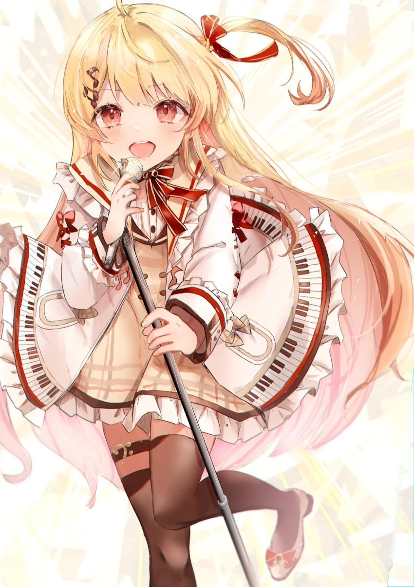 1girl absurdres ahoge akebisousaku blonde_hair dress frills hair_ornament highres holding hololive jacket long_hair long_sleeves looking_at_viewer microphone microphone_stand musical_note musical_note_hair_ornament one_side_up open_clothes open_jacket open_mouth otonose_kanade red_eyes ribbon shoes smile solo thigh_strap thighhighs virtual_youtuber white_jacket