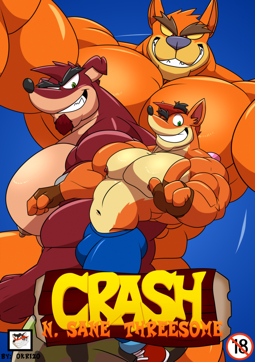 activision anthro bandicoot biceps bulge clothed clothing cover cover_art cover_page crash_bandicoot crash_bandicoot_(series) crunch_bandicoot group hi_res male mammal marsupial muscular muscular_male one_eye_closed pecs slash876 tiny_tiger topless trio wink