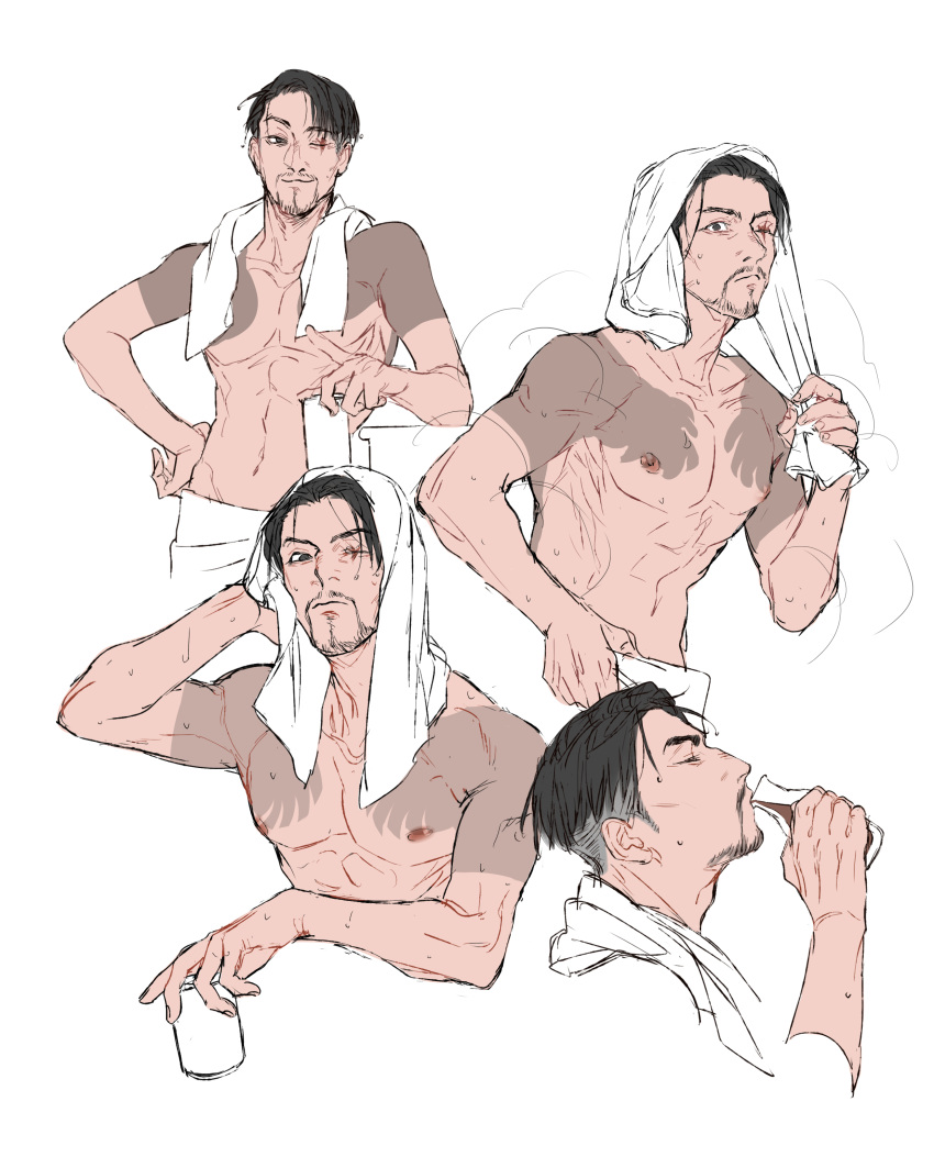 1boy absurdres drying eyepatch facial_hair highres hongjiupingzi majima_gorou male_focus ryuu_ga_gotoku_(series) scar scar_across_eye tattoo towel towel_around_neck towel_around_waist towel_on_head