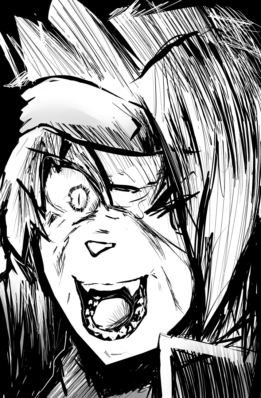 absurd_res angry anthro black_and_white detailed_mouth felid feline female fuseadrift hatching_(art) hi_res mammal meowers monochrome screaming shaded solo teeth teeth_showing