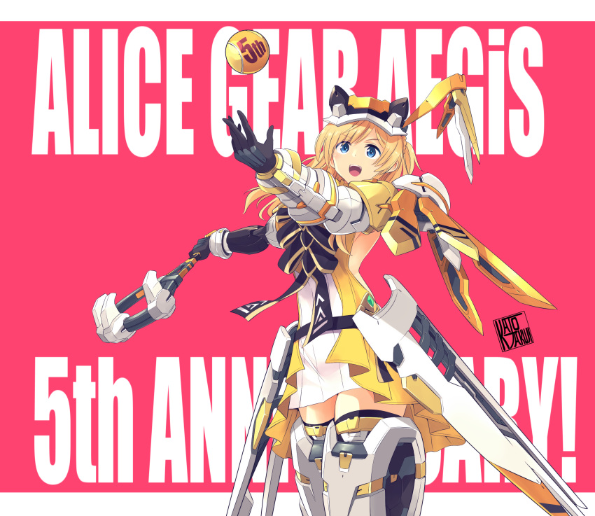 1girl absurdres alice_gear_aegis anniversary backless_dress backless_outfit black_bow black_gloves blonde_hair blue_eyes boots border bow copyright_name dress gloves highres holding ishiyumi long_hair mecha_musume merabuchi_kanami metal_boots open_mouth outside_border racket red_background smile solo tennis_racket thigh_boots two-tone_dress visor_cap white_border white_dress white_headwear yellow_dress