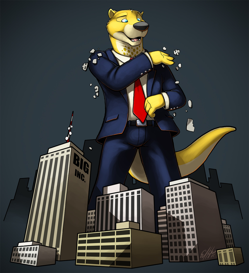 2018 anthro black_nose blue_eyes brush brushing building building_destruction bulge city clothing english_text fur hi_res long_tail low-angle_view macro macroceli_(artist) male mammal mustelid navy_suit necktie otter radio_tower red_necktie shirt simple_background smile suit tail text topwear white_clothing white_shirt white_topwear yellow_body yellow_fur