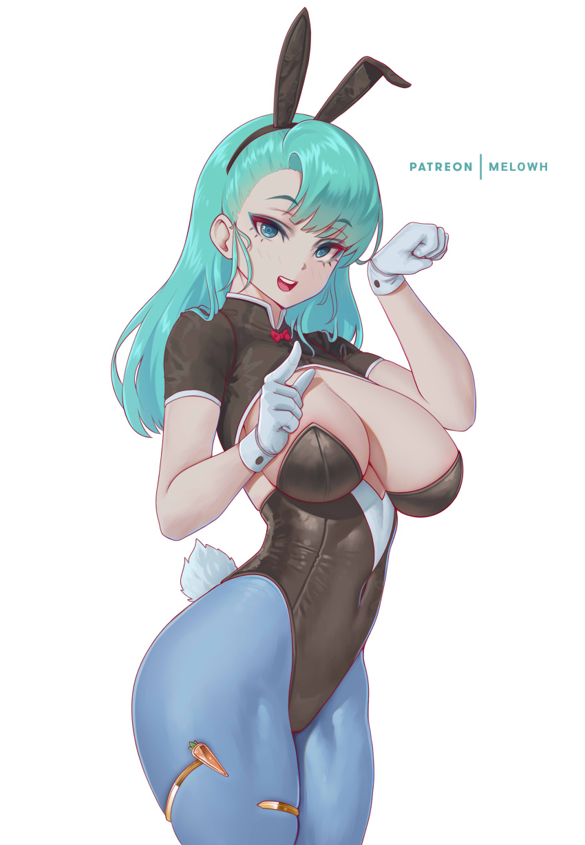 :d absurdres animal_ears aqua_hair blue_eyes blue_pantyhose blush breasts bulma cleavage covered_navel dragon_ball dragon_ball_(classic) eyeliner fake_animal_ears gloves hair_between_eyes highres large_breasts long_hair looking_at_viewer makeup melowh open_mouth pantyhose playboy_bunny rabbit_ears rabbit_tail simple_background smile tail teeth white_background white_gloves