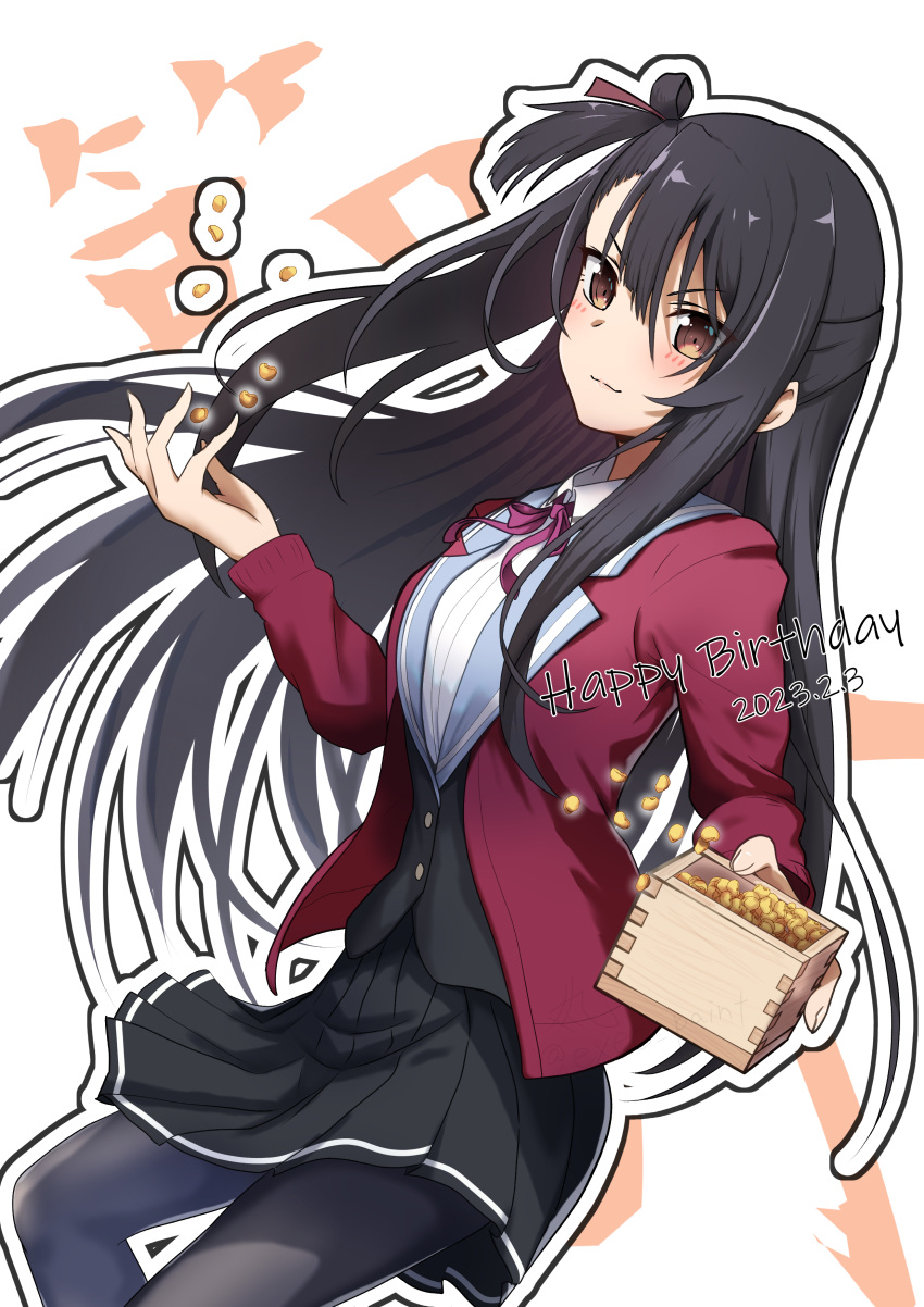 1girl absurdres acelroiutdh black_hair black_pantyhose black_skirt blush brown_eyes collared_shirt dated happy_birthday highres jacket koori_chikage long_hair long_sleeves looking_at_viewer neck_ribbon nogi_wakaba_wa_yuusha_de_aru outline pantyhose pleated_skirt purple_ribbon red_jacket ribbon school_uniform serafuku setsubun shirt skirt smug solo soybean upper_body v-shaped_eyebrows white_outline yuusha_de_aru