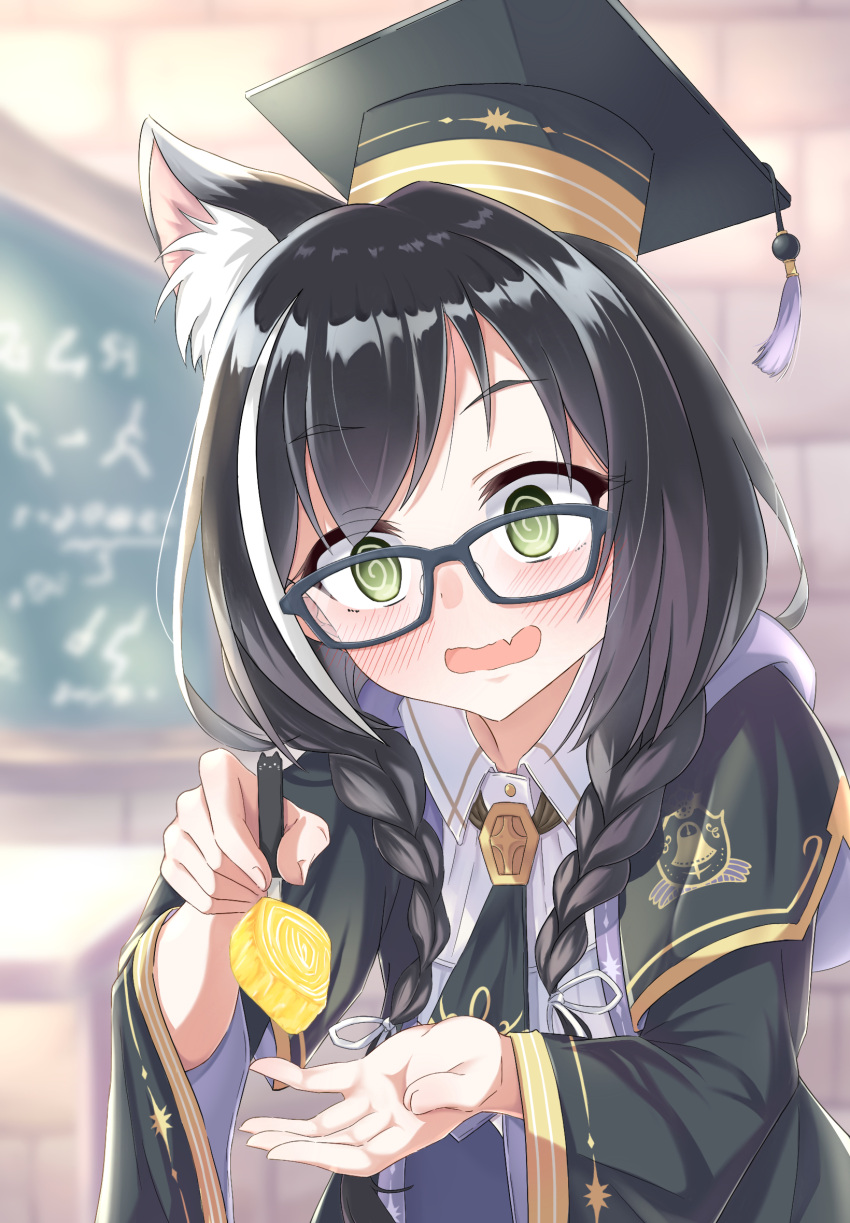 @_@ alternate_costume alternate_hairstyle animal_ears black_hair blurry blurry_background blush braid cat_ears commentary_request fang feeding food glasses green_eyes hat highres karyl_(princess_connect!) looking_at_viewer open_mouth princess_connect! school_uniform tetorariumu twin_braids uniform