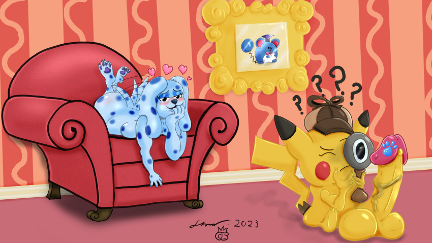 absurd_res anthro aroused big_penis blue's_clues blue_(blue's_clues) canid canine canis chair coldbrew confusion detective_pikachu domestic_dog duo female framed_picture furniture generation_1_pokemon generation_2_pokemon genitals graduation_cap hi_res huge_penis hyper hyper_genitalia hyper_penis magnifying_glass male male/female mammal marill nickelodeon nintendo penis pikachu pokemon pokemon_(species) tail tail_motion tailwag