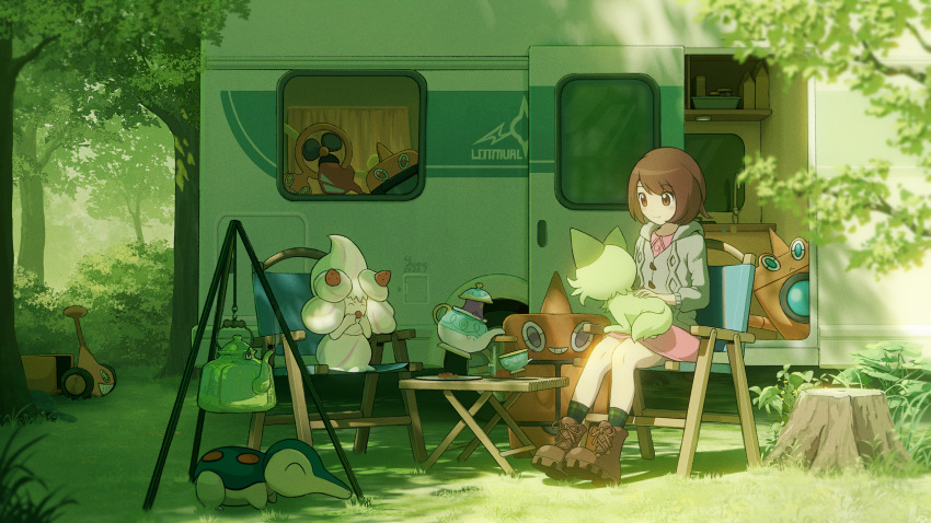 1girl alcremie boots brown_eyes brown_footwear brown_hair bush caravan chair closed_mouth commentary_request cyndaquil day dress grass green_socks highres looking_down on_lap outdoors pink_dress plate pokemon pokemon_(creature) pokemon_(game) pokemon_on_lap pokemon_swsh polteageist rotom rotom_(fan) rotom_(frost) rotom_(heat) rotom_(mow) rotom_(wash) shadow short_hair sitting socks sprigatito tree tree_stump yuma_(594986561)