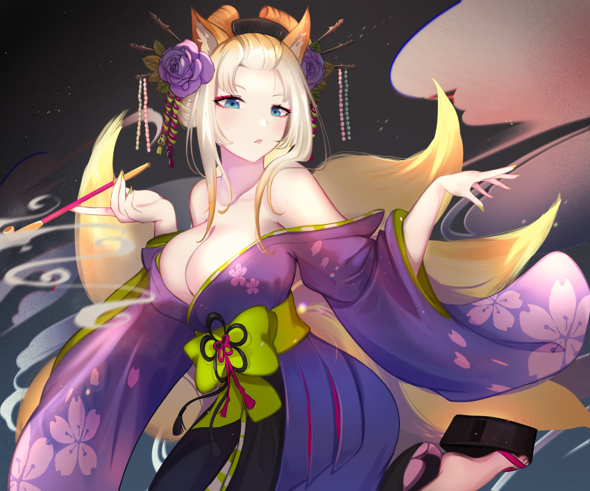 1girl absurdres aoui beads belt blue_eyes breasts feet floral_print flower fox_girl fox_tail green_nails hair_flower hair_ornament hairclip highres japanese_clothes kimono kiseru large_breasts multiple_tails orange_hair re:zero_kara_hajimeru_isekai_seikatsu red_eyeliner ribbon smoke smoking_pipe solo tail white_hair yorna_mishigure