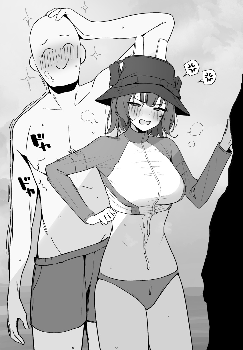 1boy 1girl ^_^ absurdres after_sex anger_vein arona's_sensei_doodle_(blue_archive) bald bikini blue_archive blush breasts bucket_hat closed_eyes cropped_jacket cum cum_on_body cum_on_stomach greyscale hand_on_own_head hat hetero highres implied_after_sex jacket large_breasts male_swimwear monochrome nose_blush open_mouth outdoors putama saki_(blue_archive) saki_(swimsuit)_(blue_archive) sensei_(blue_archive) short_hair smile sparkle sweat swimsuit
