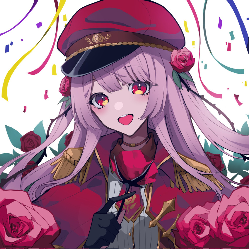 1girl black_gloves brown_choker choker coat collared_shirt confetti dress_shirt english_commentary epaulettes flower gloves gold_trim hair_flower hair_ornament hat highres holding holding_flower long_hair looking_at_viewer mentally_deficient military_uniform necktie nijisanji nijisanji_en official_alternate_costume open_mouth partially_fingerless_gloves peaked_cap pink_eyes pink_hair red_coat red_flower red_headwear red_necktie red_rose rose rosemi_lovelock rosemi_lovelock_(2nd_costume) shirt short_necktie simple_background smile solo streamers teeth thorns uniform upper_body upper_teeth_only virtual_youtuber white_background white_shirt