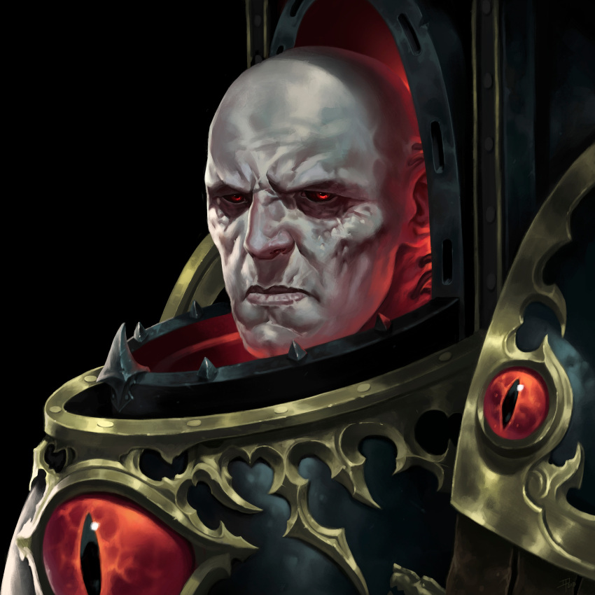 absurdres adrian4rt armor bald black_armor black_background black_sclera box_(bagsang59049289) colored_sclera gold_armor highres horus_lupercal imperium_of_man lunar_wolves male_focus pale_skin power_armor primarch red_eyes semi_realisim simple_background sons_of_horus warhammer_40k