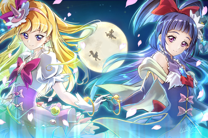 2girls asahina_mirai black_headwear blonde_hair bow clear_glass_(mildmild1311) cowboy_shot cure_magical cure_miracle diamond-shaped_brooch earrings elbow_gloves folded_braid full_moon gloves hat hat_ornament heart_hat_ornament highres izayoi_liko jewelry long_hair magical_girl mahou_girls_precure! mini_hat mini_witch_hat moon multiple_girls pink_headwear pink_skirt precure purple_eyes purple_hair skirt smile white_gloves witch_hat