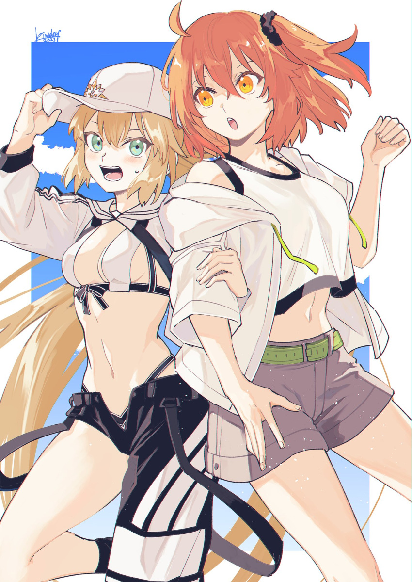 2girls ahoge artoria_caster_(fate) artoria_caster_(swimsuit)_(fate) artoria_pendragon_(fate) asymmetrical_pants baseball_cap belt bikini blonde_hair fate/grand_order fate_(series) fujimaru_ritsuka_(female) green_eyes hat highres kimidorix32 midriff multiple_girls navel orange_eyes orange_hair shorts side_ponytail swimsuit tank_top white_bikini