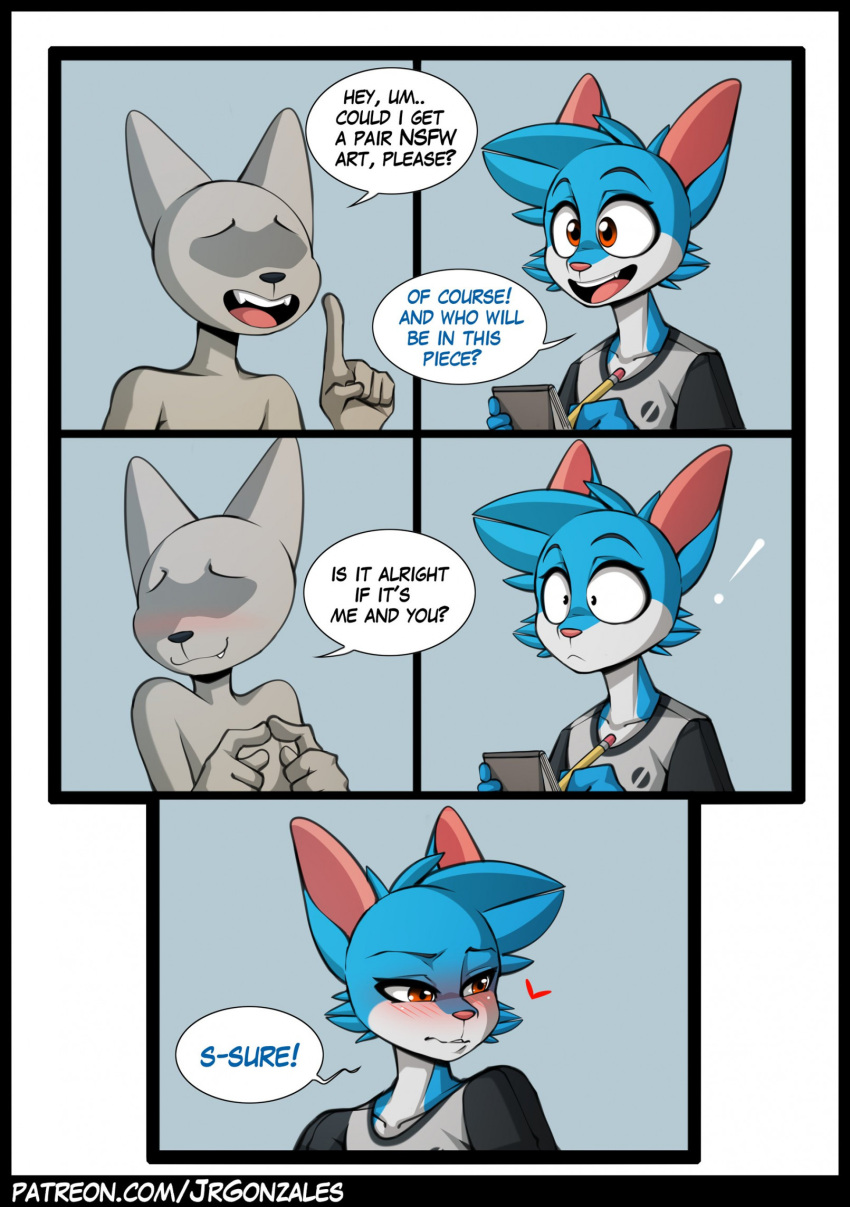 5_panel_comic anon anthro blue_background blue_body blue_fur blush blush_lines cheek_tuft dialogue domestic_cat duo english_text facial_tuft fangs felid feline felis fur grey_body grey_fur half-closed_eyes hesrt hi_res jay-r jay-r_(character) male mammal multicolored_body multicolored_fur narrowed_eyes open_mouth open_smile simple_background smile speech_bubble teeth text tuft two_tone_body two_tone_fur white_body white_fur wide_eyed