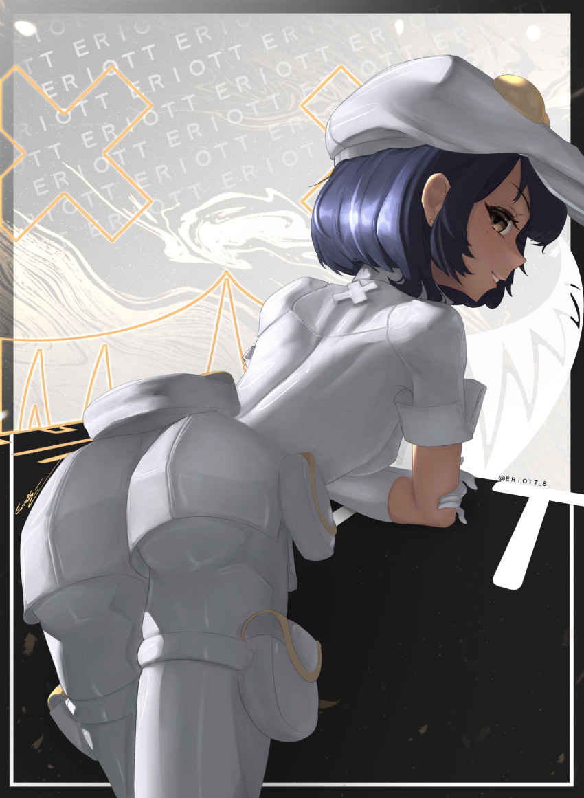 1girl absurdres aether_foundation_employee aether_foundation_uniform artist_logo artist_name ass back bent_over blue_hair breasts cabbie_hat dark-skinned_female dark_blue_hair dark_skin elbow_gloves eriott gloves hand_gesture hat highres jumpsuit looking_at_viewer looking_back pantyhose pokemon pokemon_(game) pokemon_sm pokemon_usum short_hair short_jumpsuit sideboob signature skin_tight solo tan thighs tight_clothes white_gloves white_headwear white_jumpsuit yellow_eyes