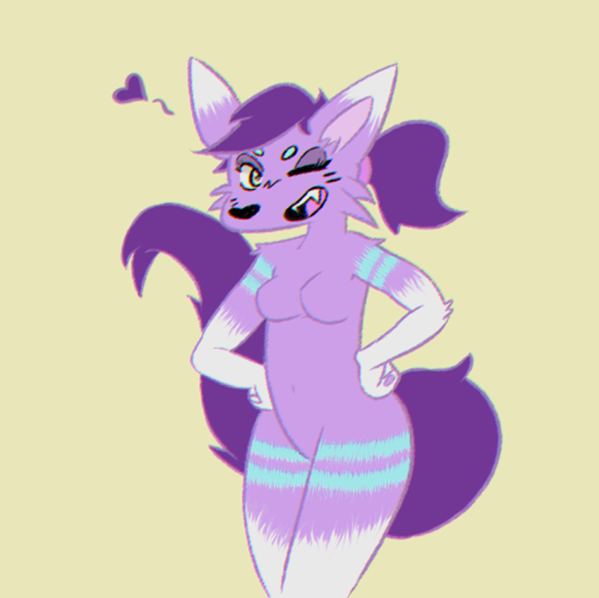 anthro female fur hair hands_on_waist one_eye_closed purple_body purple_fur purple_hair smile solo teasnapple wink