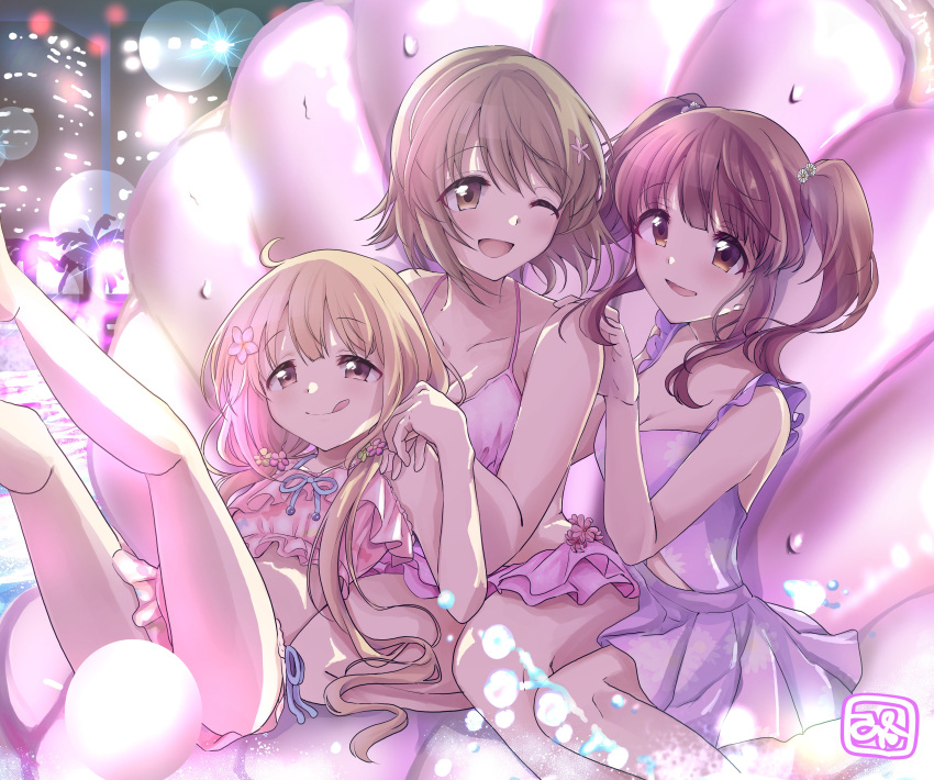 3girls absurdres bare_legs bikini blonde_hair blurry blush bokeh breasts brown_hair candy_island_(idolmaster) cherrypikapi cleavage collarbone depth_of_field frilled_bikini frills futaba_anzu highres idolmaster idolmaster_cinderella_girls mimura_kanako multiple_girls ogata_chieri pink_bikini purple_bikini seashell shell smile swimsuit