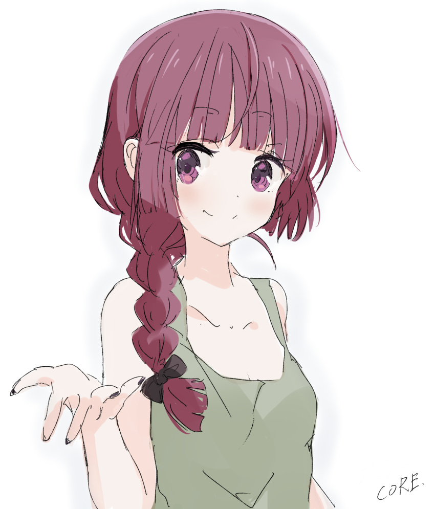 1girl arm_at_side bare_shoulders black_bow black_nails blunt_bangs blush bocchi_the_rock! bow braid braided_ponytail breasts closed_mouth collarbone core_(mayomayo) dot_nose green_tank_top hair_bow highres hiroi_kikuri long_hair looking_at_viewer nail_polish open_hand purple_eyes purple_hair shirt sidelocks signature simple_background sleeveless sleeveless_shirt small_breasts smile solo tank_top upper_body white_background