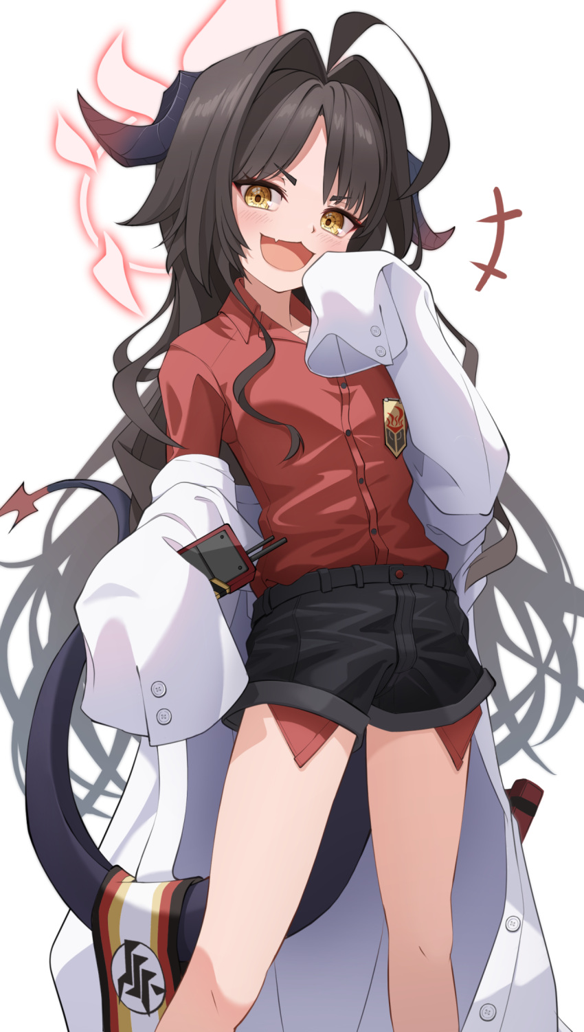 +++ 1girl ahoge black_hair black_horns black_shorts black_tail blue_archive blush coat demon_horns fang feet_out_of_frame hair_intakes halo highres horns kasumi_(blue_archive) lab_coat long_hair looking_at_viewer open_mouth red_halo red_shirt shijima_(shijima_tc) shirt shirt_tucked_in shorts simple_background skin_fang smile solo white_background white_coat yellow_eyes