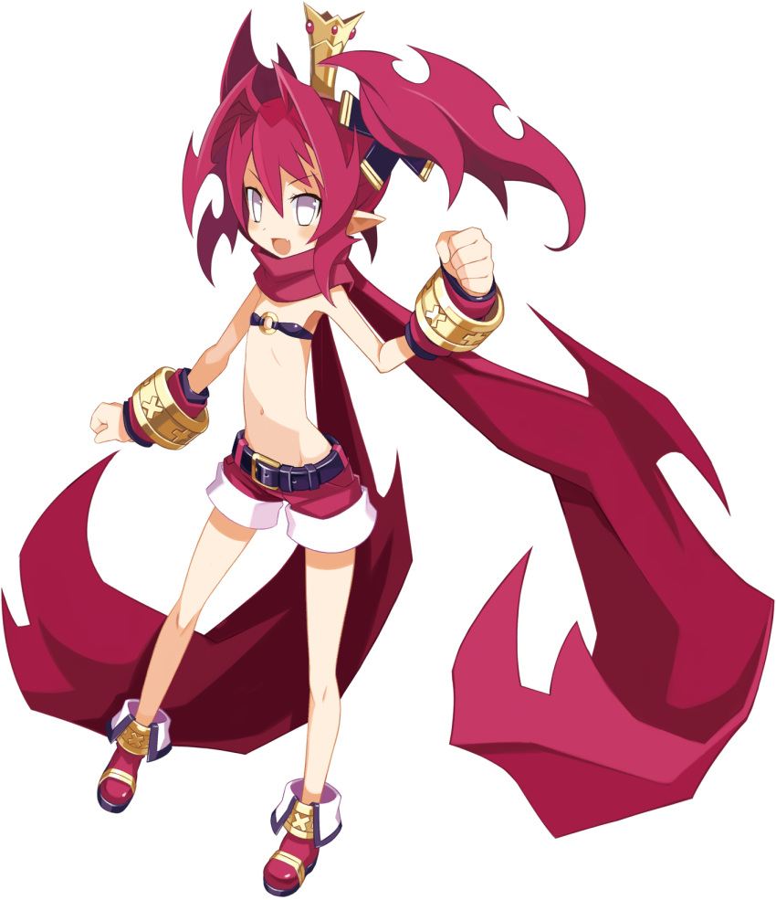 1girl belt bracelet clenched_hands cosplay crown disgaea disgaea_rpg fang flat_chest full_body hair_intakes harada_takehito highres jewelry laharl laharl_(cosplay) long_hair navel no_pupils non-web_source o-ring o-ring_top official_art open_mouth petta_(phantom_kingdom) photoshop_(medium) pointy_ears red_hair red_scarf scarf shorts solo transparent_background twintails white_eyes