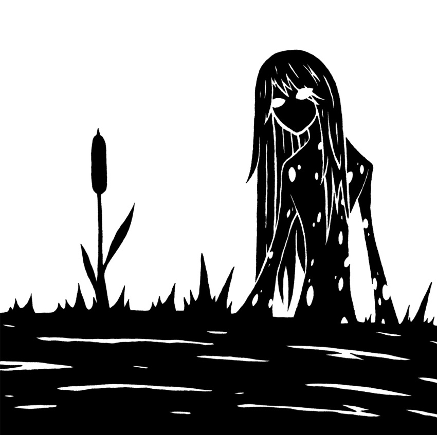 2014 black_and_white cattail_(plant) digital_drawing_(artwork) digital_media_(artwork) empty_eyes eye_through_hair female grass hair hi_res humanoid long_hair monochrome partially_submerged plant restricted_palette scp-811 scp_foundation silhouette simple_background solo spots spotted_body spotted_skin straight_hair sunnyclockwork swamp swamp_monster translucent translucent_hair water white_background
